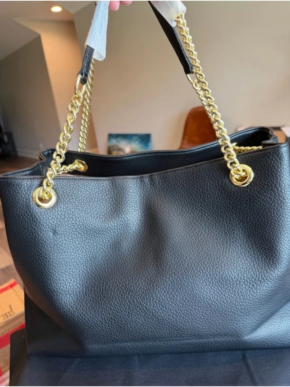Black Leather Chain-Handle Women’s Tote - Gold Hardware - Picture 2 of 6